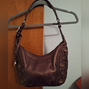 Brighton Elegant Brown Pebbled Leather Shoulder Bag Textured Floral Pattern